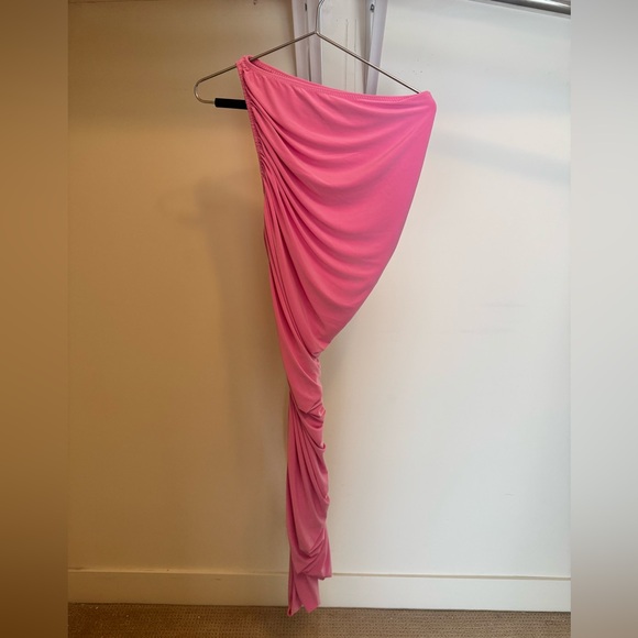 Norma Kamali XS/34 One-Shoulder Pink Ruched Stretchy Bodycon Dress - Picture 5 of 7